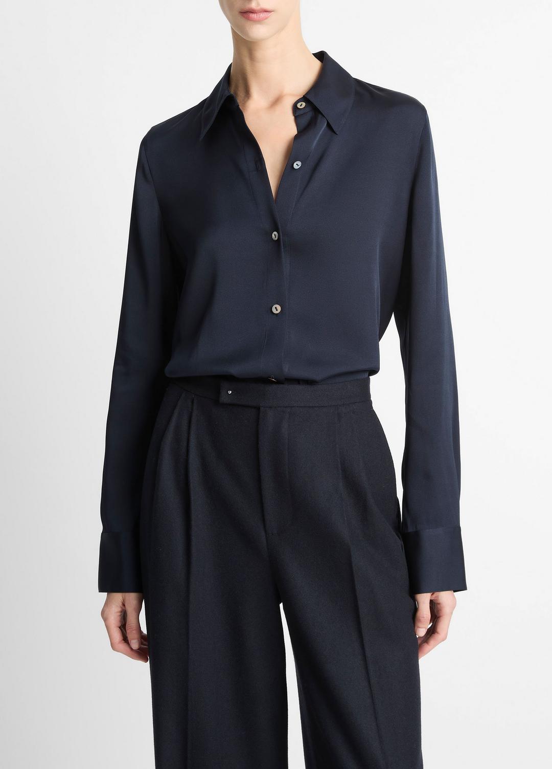 VINCE Top Pick - Silk-Blend Slim Button-Front Blouse in Long Sleeve