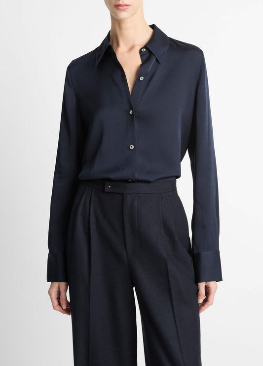 VINCE Top Pick - Silk-Blend Slim Button-Front Blouse in Long Sleeve