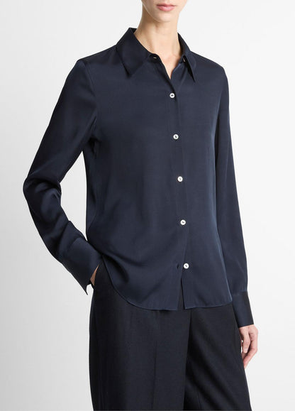 VINCE Top Pick - Silk-Blend Slim Button-Front Blouse in Long Sleeve