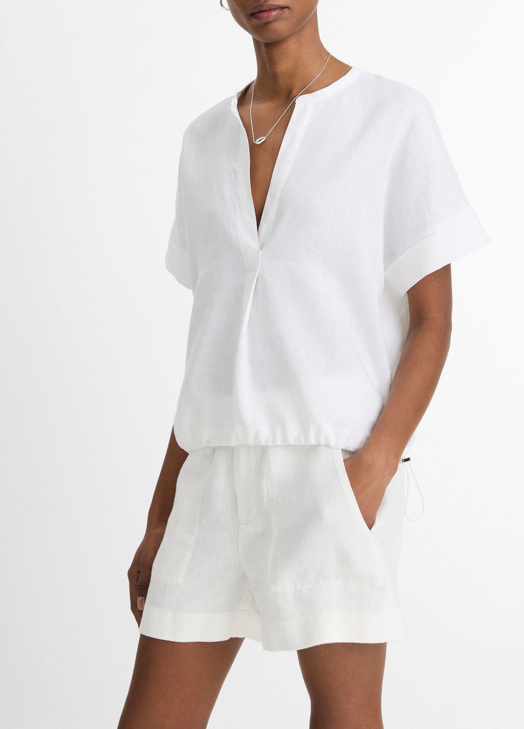 VINCE Featured - Linen Drawcord-Hem Blouse in Short Sleeve