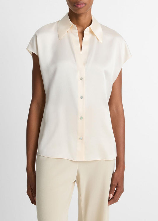 VINCE Top Pick - Silk Cap-Sleeve Ruched-Back Blouse in Short Sleeve