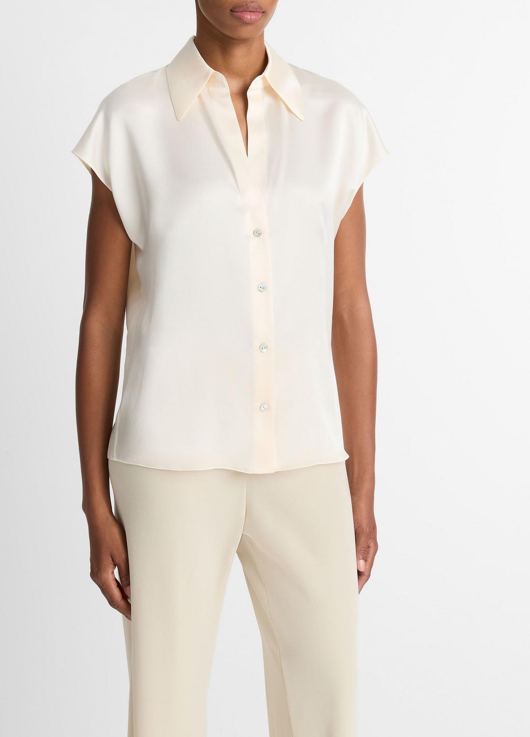 VINCE Top Pick - Silk Cap-Sleeve Ruched-Back Blouse in Short Sleeve
