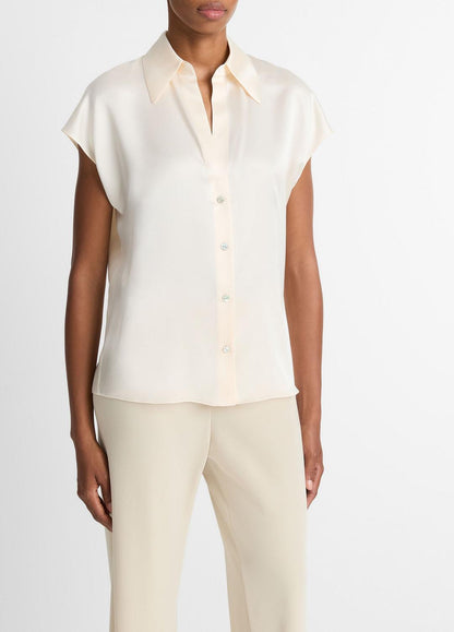 VINCE Top Pick - Silk Cap-Sleeve Ruched-Back Blouse in Short Sleeve