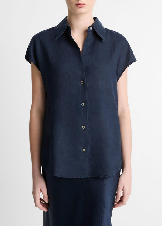 VINCE Essential - Linen Cap-Sleeve Button-Front Blouse in Short Sleeve