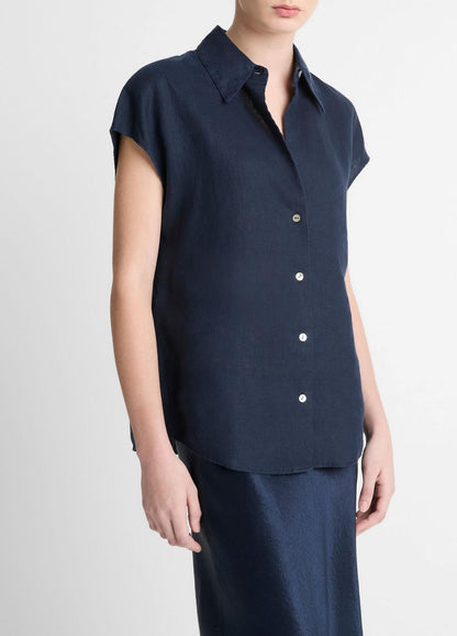 VINCE Essential - Linen Cap-Sleeve Button-Front Blouse in Short Sleeve