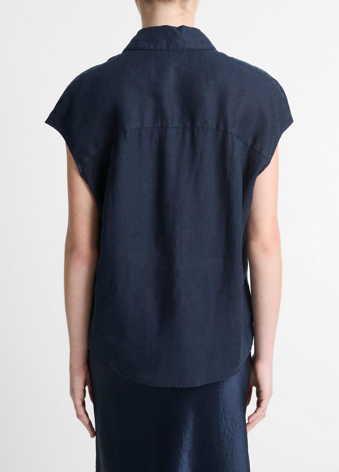 VINCE Essential - Linen Cap-Sleeve Button-Front Blouse in Short Sleeve