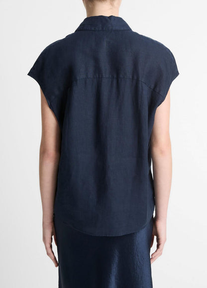 VINCE Essential - Linen Cap-Sleeve Button-Front Blouse in Short Sleeve