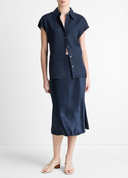 VINCE Essential - Linen Cap-Sleeve Button-Front Blouse in Short Sleeve