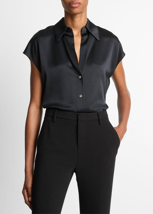VINCE Everyday - Silk Cap-Sleeve Ruched-Back Blouse in Short Sleeve