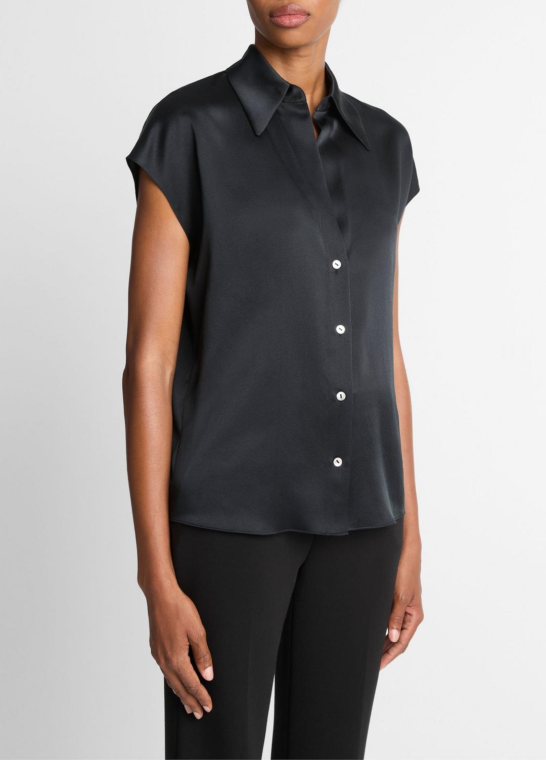 VINCE Everyday - Silk Cap-Sleeve Ruched-Back Blouse in Short Sleeve