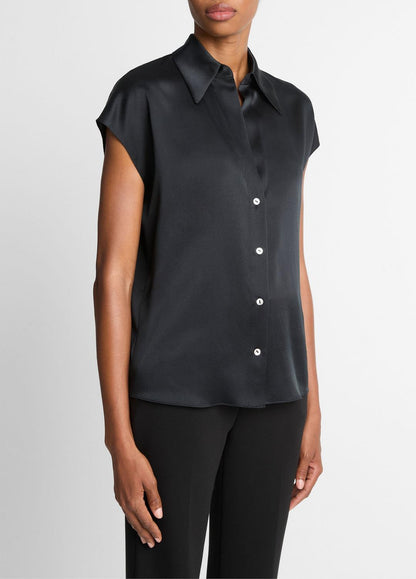 VINCE Everyday - Silk Cap-Sleeve Ruched-Back Blouse in Short Sleeve