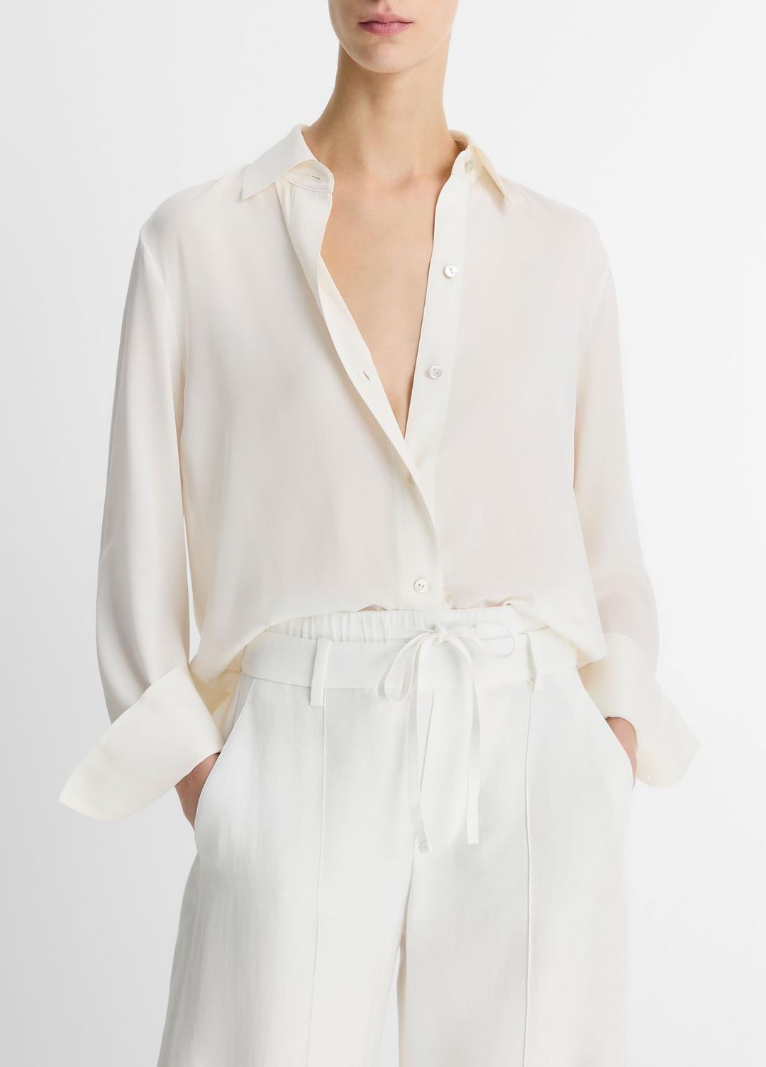 VINCE Best Seller - Stretch-Silk Button-Front Blouse in Long Sleeve