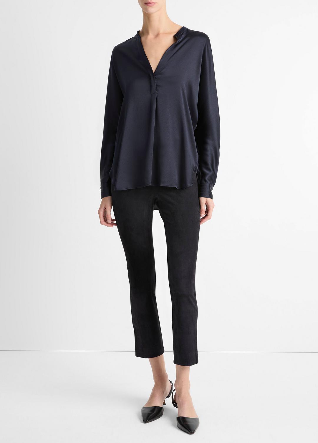 VINCE Top Pick - Silk Satin Band-Collar Blouse in Long Sleeve