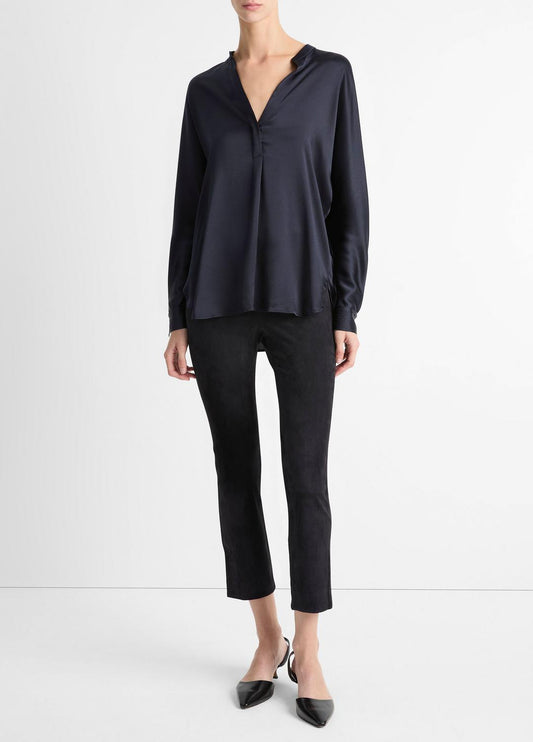 VINCE Top Pick - Silk Satin Band-Collar Blouse in Long Sleeve