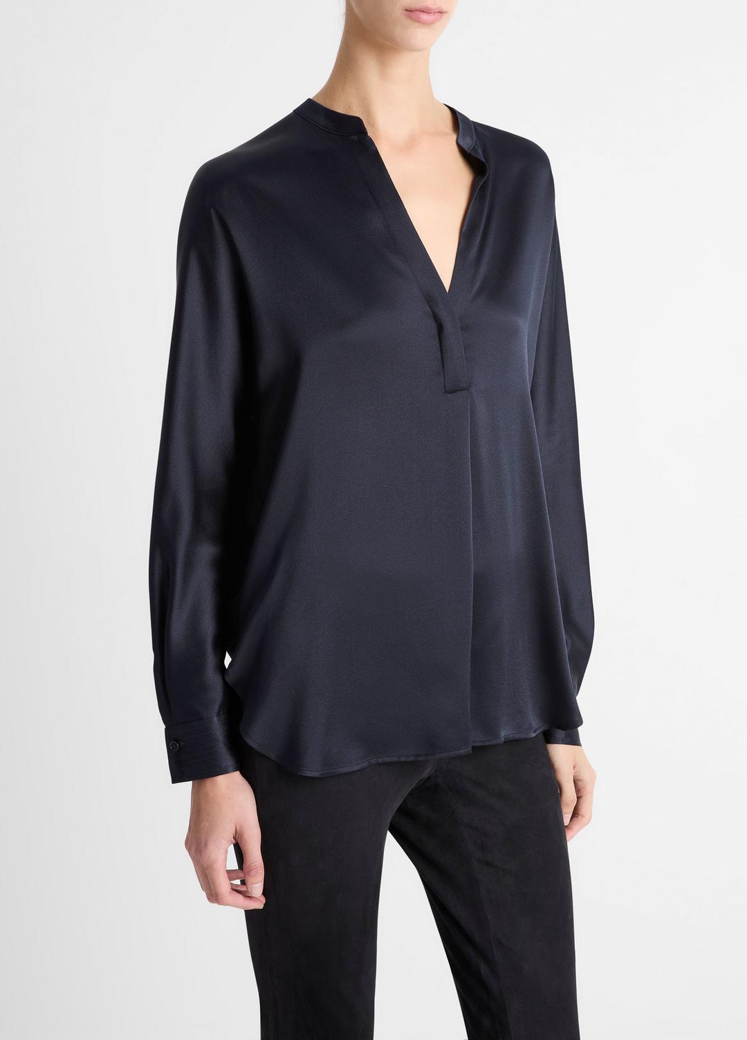 VINCE Top Pick - Silk Satin Band-Collar Blouse in Long Sleeve