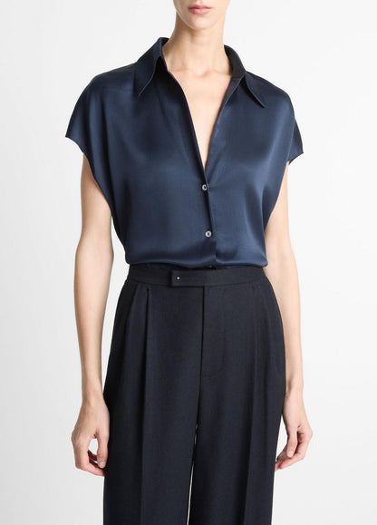 VINCE Top Pick - Silk Cap-Sleeve Ruched-Back Blouse in Short Sleeve