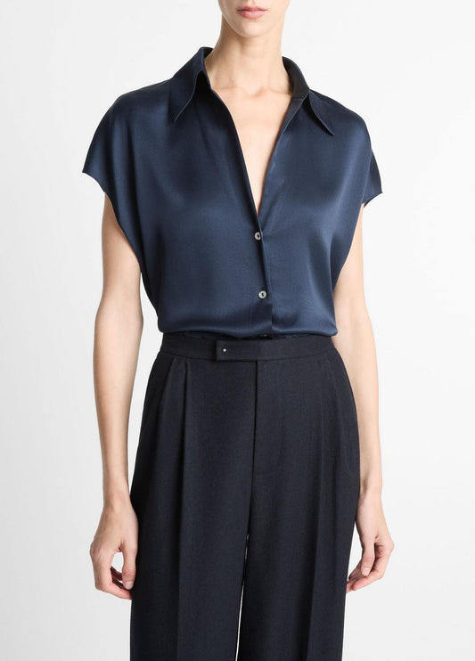 VINCE Top Pick - Silk Cap-Sleeve Ruched-Back Blouse in Short Sleeve