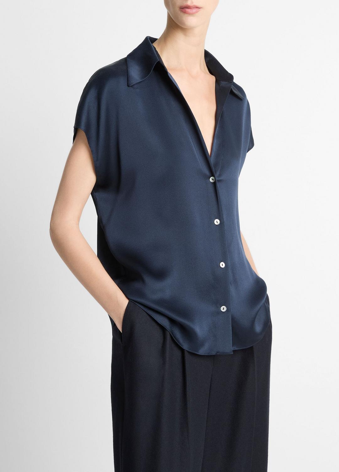 VINCE Top Pick - Silk Cap-Sleeve Ruched-Back Blouse in Short Sleeve