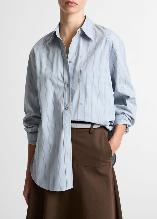 VINCE New - Striped Cotton-Blend Button-Front Shirt in Long Sleeve
