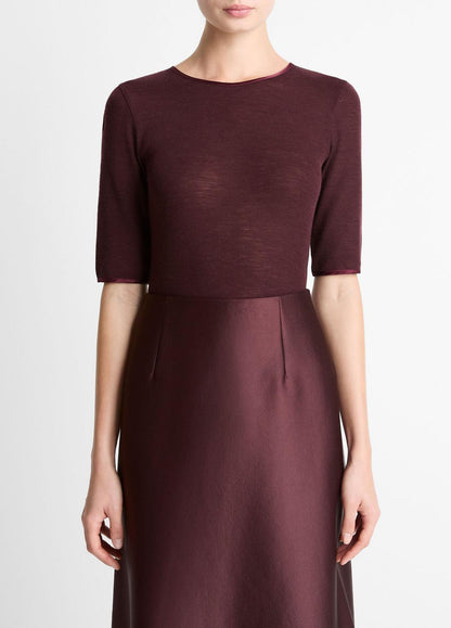 VINCE Everyday - Satin-Trim Wool Elbow-Sleeve T-Shirt in Short Sleeve