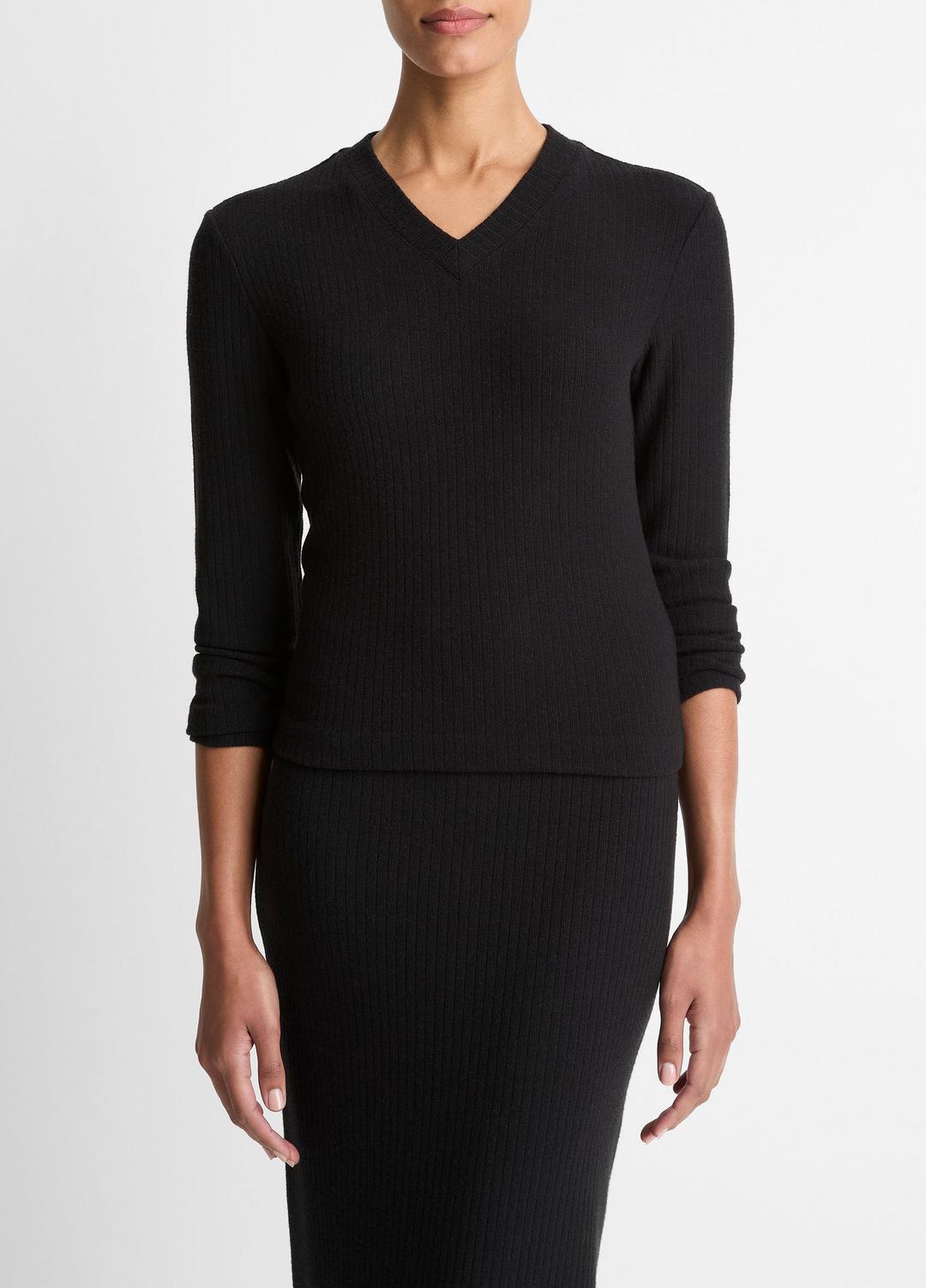 VINCE Sale - Cozy Rib High V-Neck Top in Long Sleeve