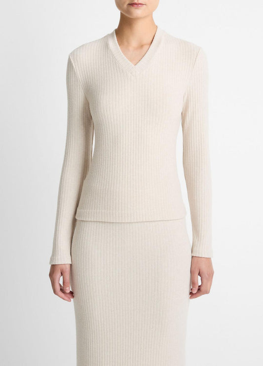 VINCE Hot Sale - Cozy Rib High V-Neck Top in Long Sleeve