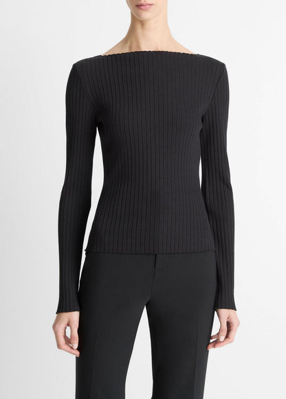VINCE Customer Favorite - Ribbed Cotton-Blend Slash-Neck Long-Sleeve Top in Long Sleeve
