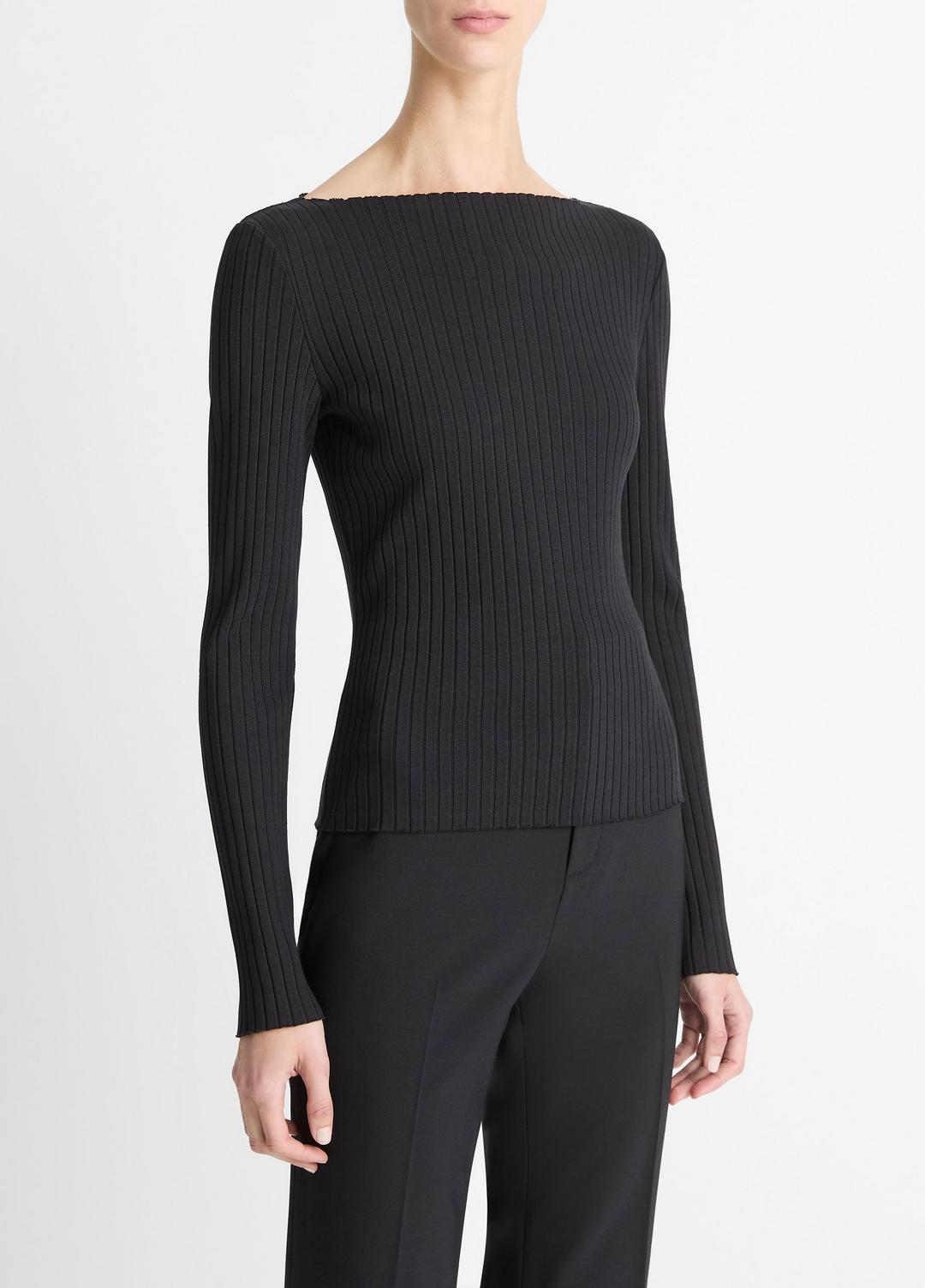 VINCE Customer Favorite - Ribbed Cotton-Blend Slash-Neck Long-Sleeve Top in Long Sleeve