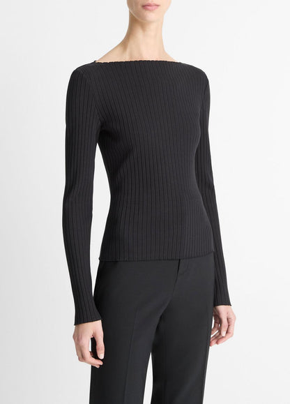 VINCE Customer Favorite - Ribbed Cotton-Blend Slash-Neck Long-Sleeve Top in Long Sleeve