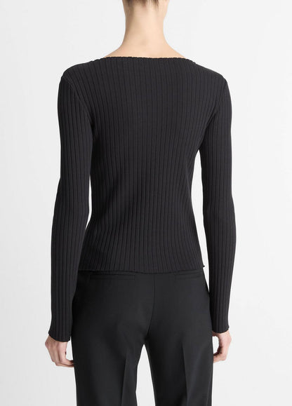 VINCE Customer Favorite - Ribbed Cotton-Blend Slash-Neck Long-Sleeve Top in Long Sleeve