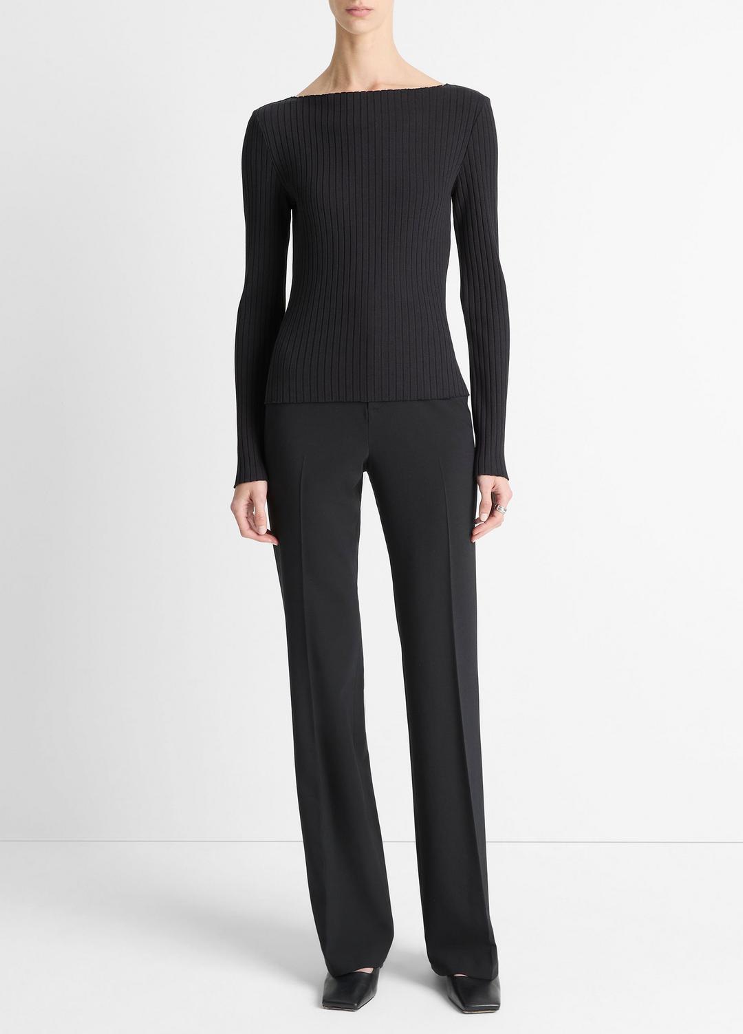 VINCE Customer Favorite - Ribbed Cotton-Blend Slash-Neck Long-Sleeve Top in Long Sleeve
