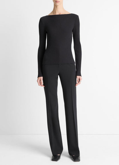 VINCE Customer Favorite - Ribbed Cotton-Blend Slash-Neck Long-Sleeve Top in Long Sleeve