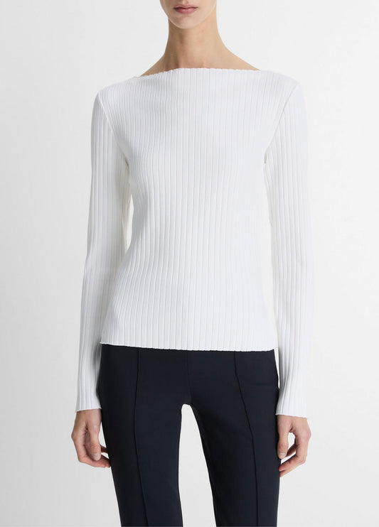 VINCE Deals - Ribbed Cotton-Blend Slash-Neck Long-Sleeve Top in Long Sleeve