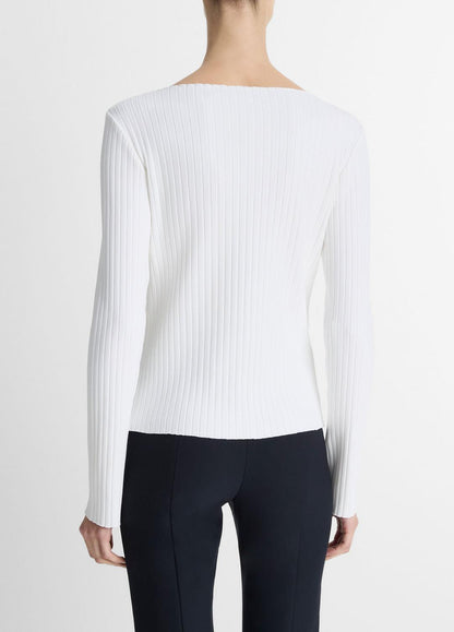 VINCE Deals - Ribbed Cotton-Blend Slash-Neck Long-Sleeve Top in Long Sleeve