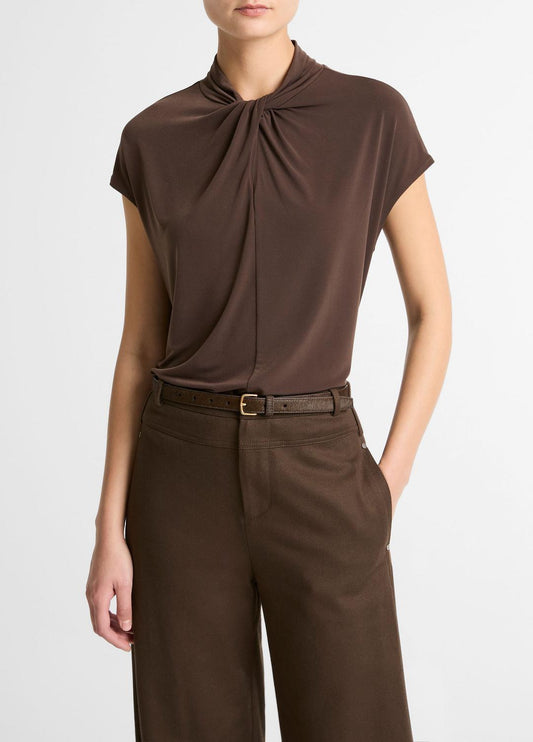 VINCE Top Pick - Twist-Neck Matte Jersey Cap-Sleeve Top  in Short Sleeve