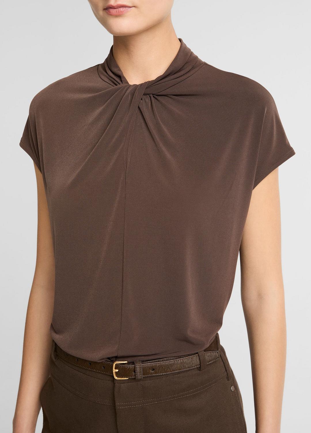 VINCE Top Pick - Twist-Neck Matte Jersey Cap-Sleeve Top  in Short Sleeve