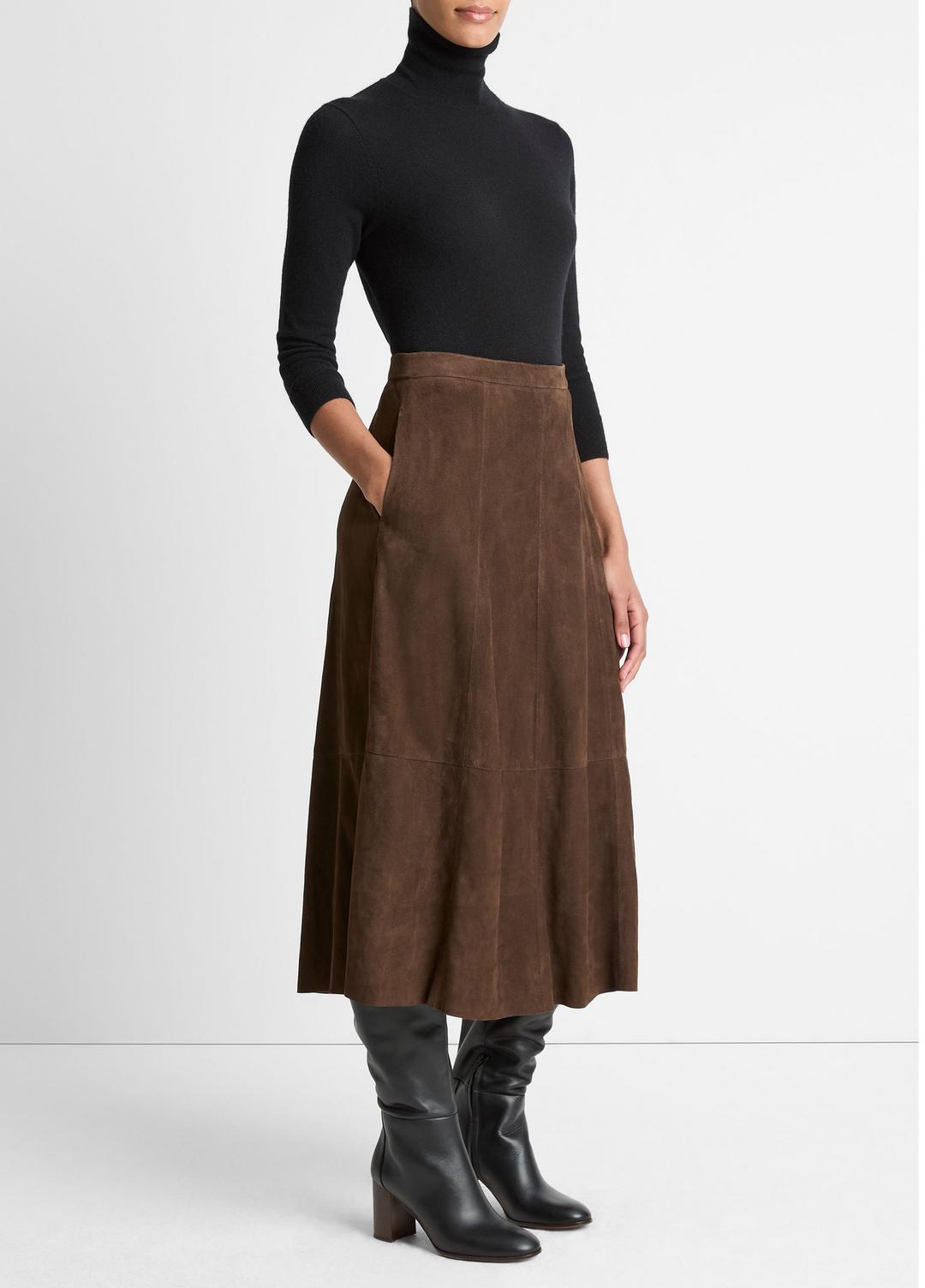VINCE Everyday - Suede Mid-Rise Flared Skirt in Skirts