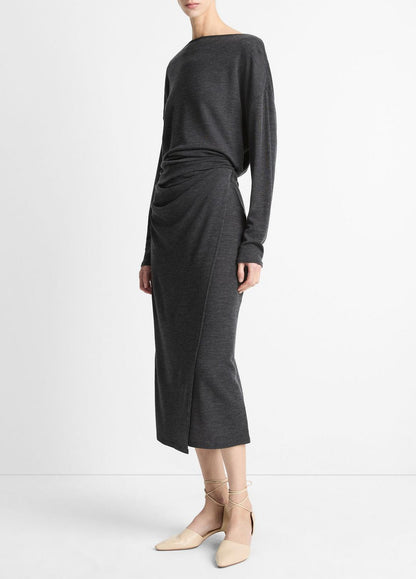 VINCE Signature - Draped-Waist Wool-Blend Midi Skirt in Skirts