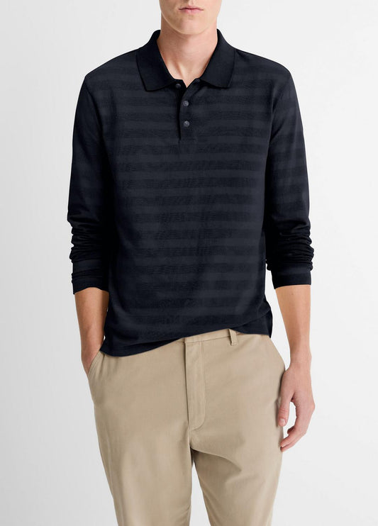 VINCE Latest - Jacquard-Stripe Cotton Long-Sleeve Polo Shirt in Long Sleeve
