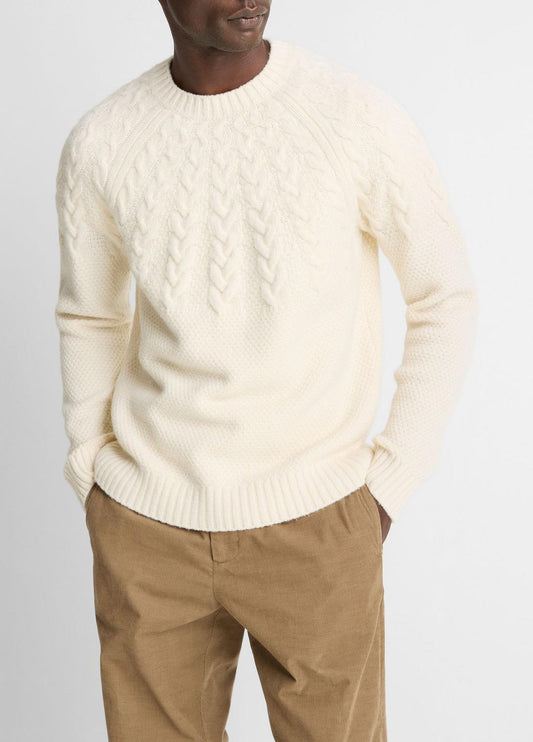 VINCE Featured - Airspun Merino Wool Cable-Yoke Sweater in Crew Neck