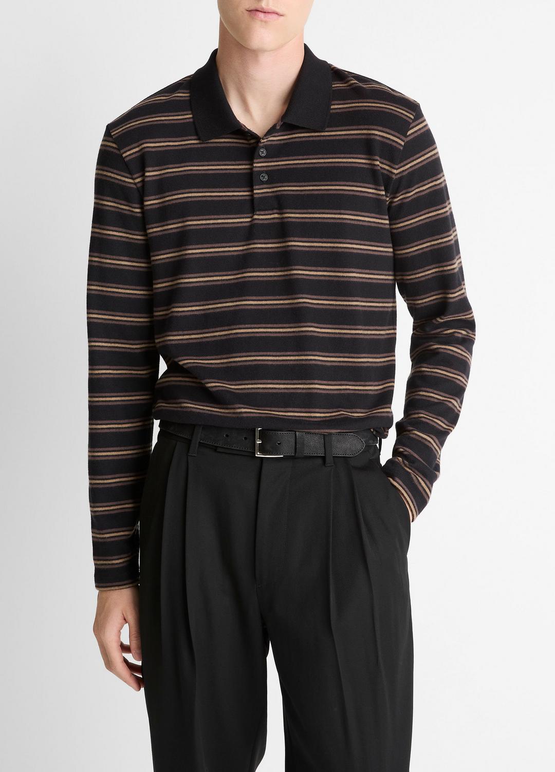 VINCE Sale - Striped Cotton-Blend Long-Sleeve Polo Shirt in Henleys & Polos