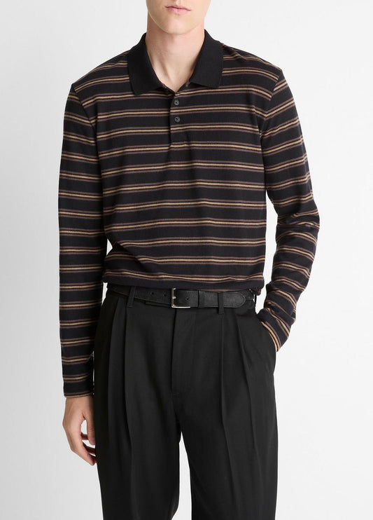 VINCE Sale - Striped Cotton-Blend Long-Sleeve Polo Shirt in Henleys & Polos