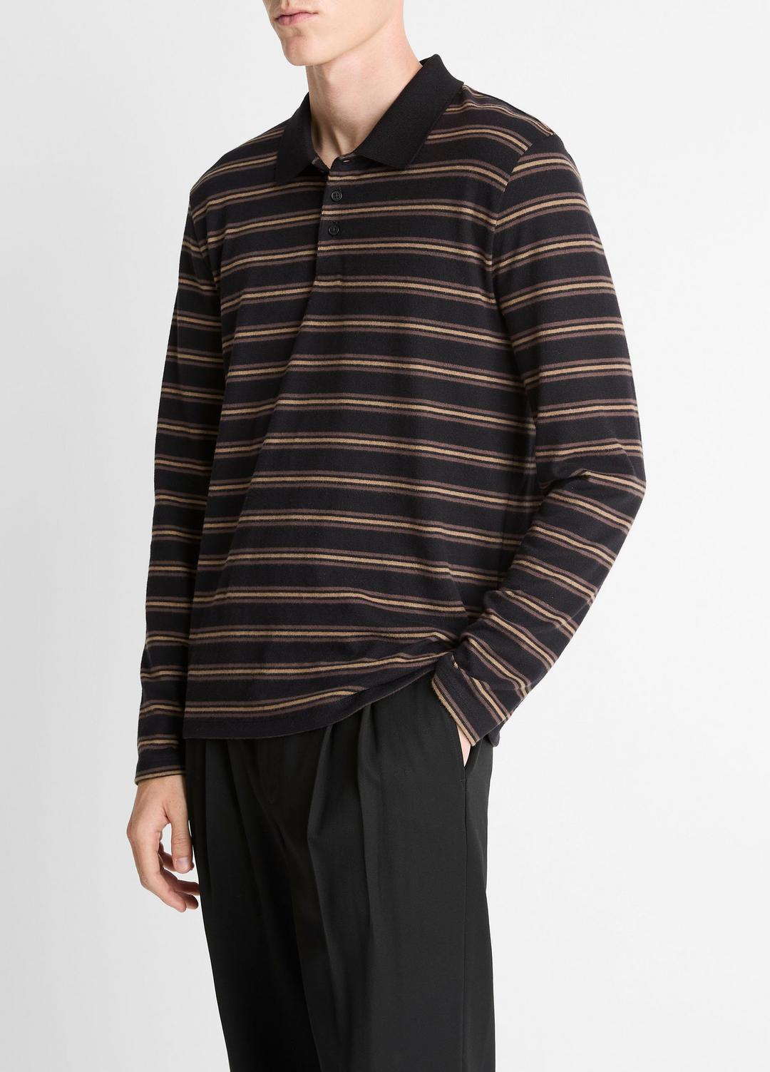 VINCE Sale - Striped Cotton-Blend Long-Sleeve Polo Shirt in Henleys & Polos