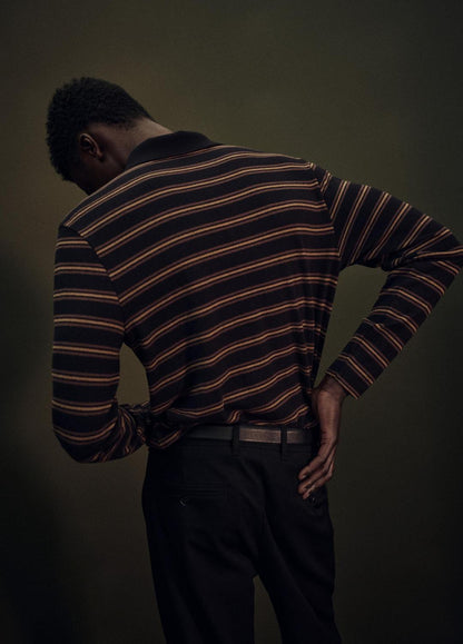 VINCE Sale - Striped Cotton-Blend Long-Sleeve Polo Shirt in Henleys & Polos