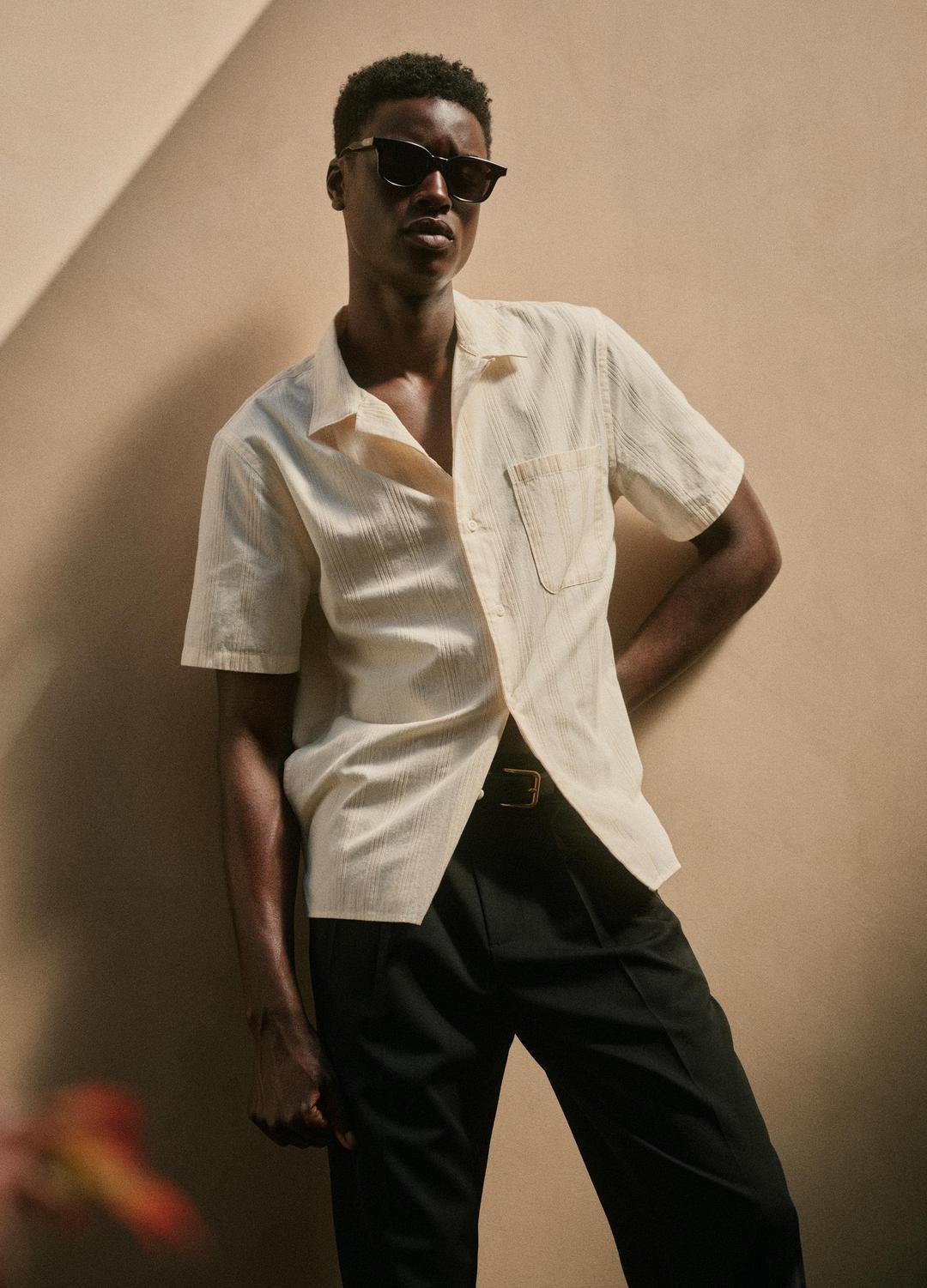 VINCE Recommended - Union Stripe Cotton Short-Sleeve Loop-Collar Shirt in Short Sleeve