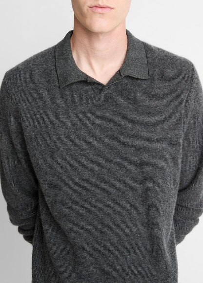 VINCE Trusted - Feed Stripe Plush Cashmere Johnny-Collar Sweater in Cashmere