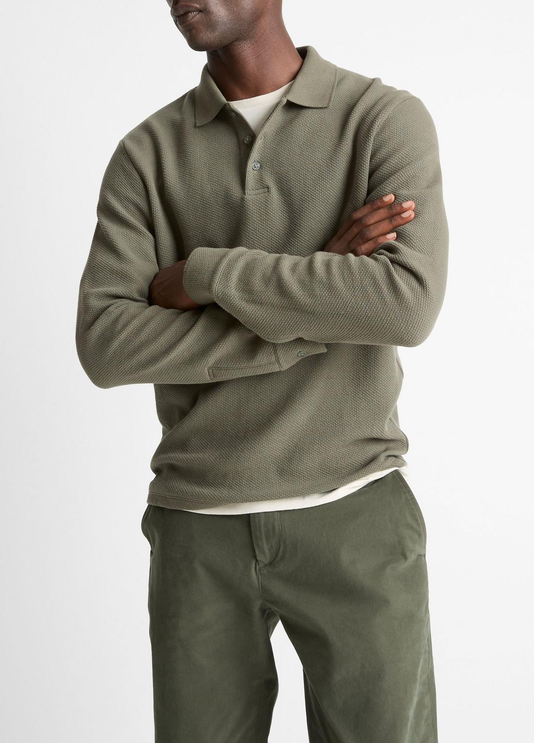 VINCE Classic - Basket-Weave Cotton Long-Sleeve Polo Shirt in Henleys & Polos