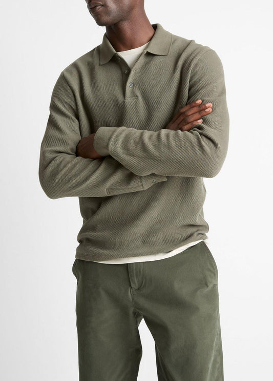 VINCE Classic - Basket-Weave Cotton Long-Sleeve Polo Shirt in Henleys & Polos