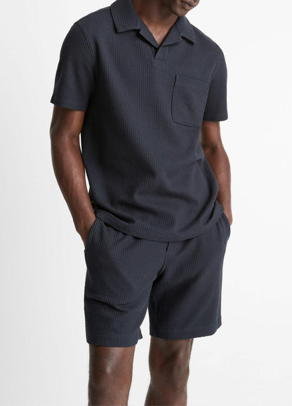VINCE Popular - Seersucker-Knit Stretch-Cotton Short-Sleeve Johnny-Collar Shirt in Short Sleeve
