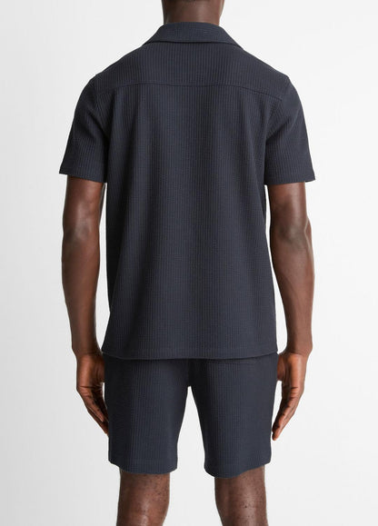 VINCE Popular - Seersucker-Knit Stretch-Cotton Short-Sleeve Johnny-Collar Shirt in Short Sleeve